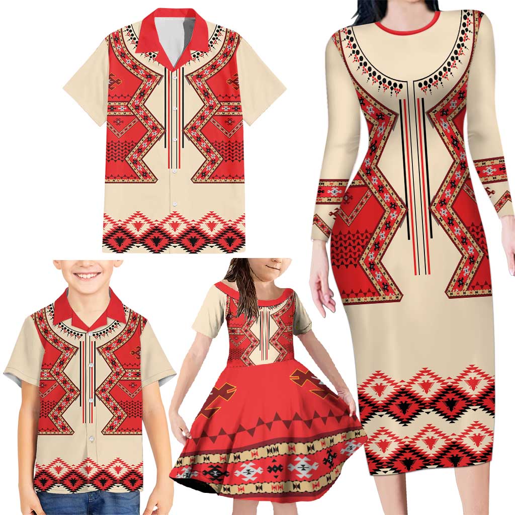 Folk Albanian Patterns Eagle Family Matching Long Sleeve Bodycon Dress and Hawaiian Shirt