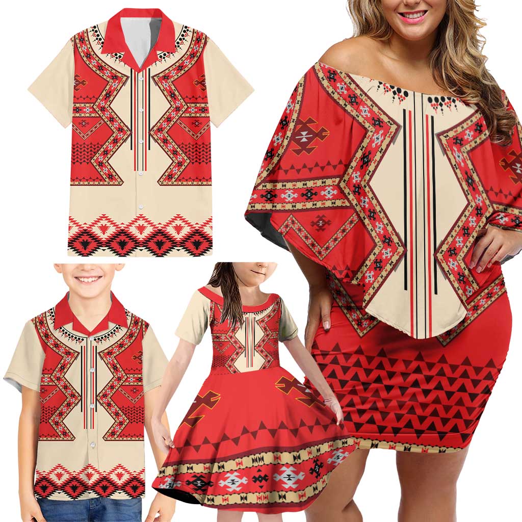 Folk Albanian Patterns Eagle Family Matching Off Shoulder Short Dress and Hawaiian Shirt