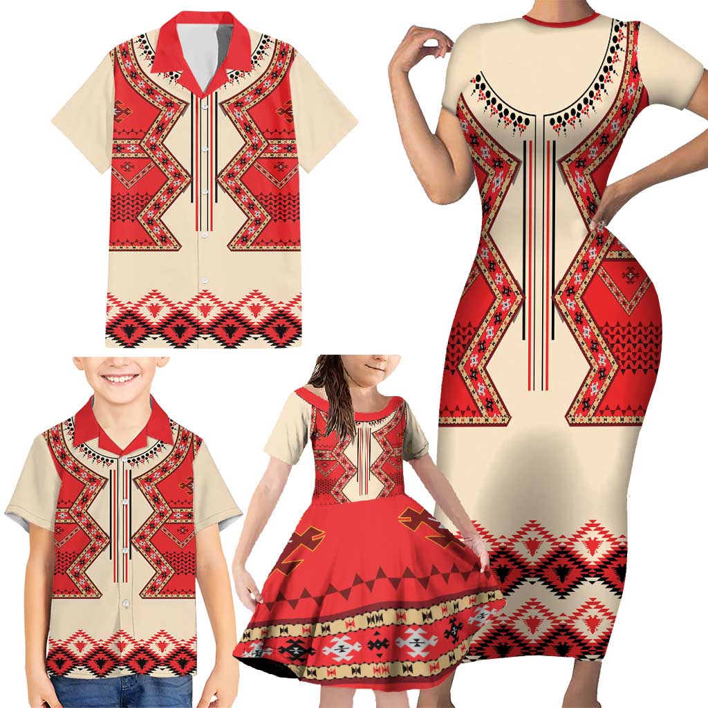 Folk Albanian Patterns Eagle Family Matching Short Sleeve Bodycon Dress and Hawaiian Shirt