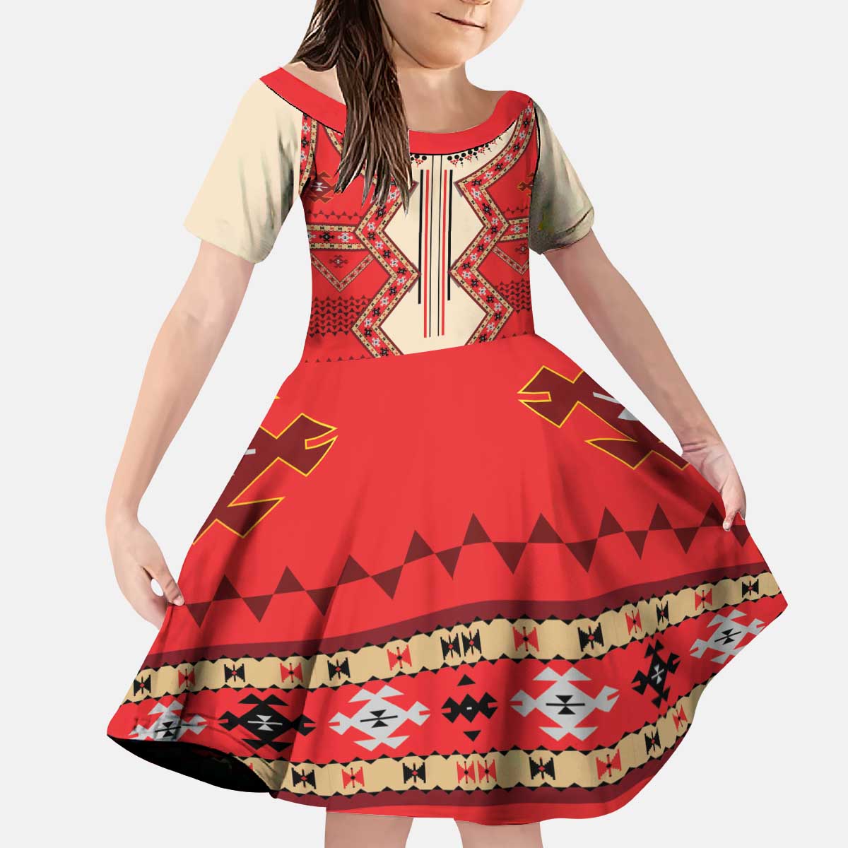 Folk Albanian Patterns Eagle Kid Short Sleeve Dress - Wonder Print Shop