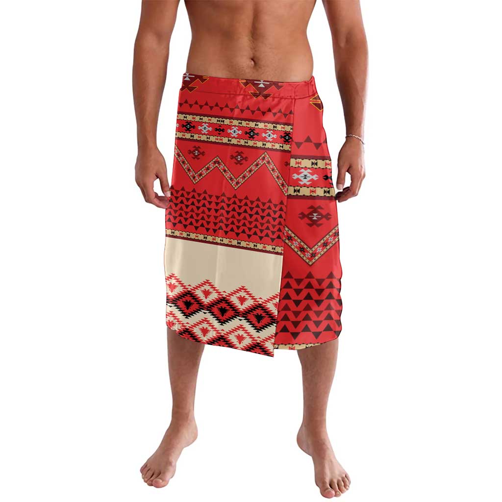 Men's red and cream patterned lavalava with geometric motifs, knee-length