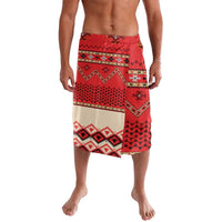 Men's red and cream patterned lavalava with geometric motifs, knee-length