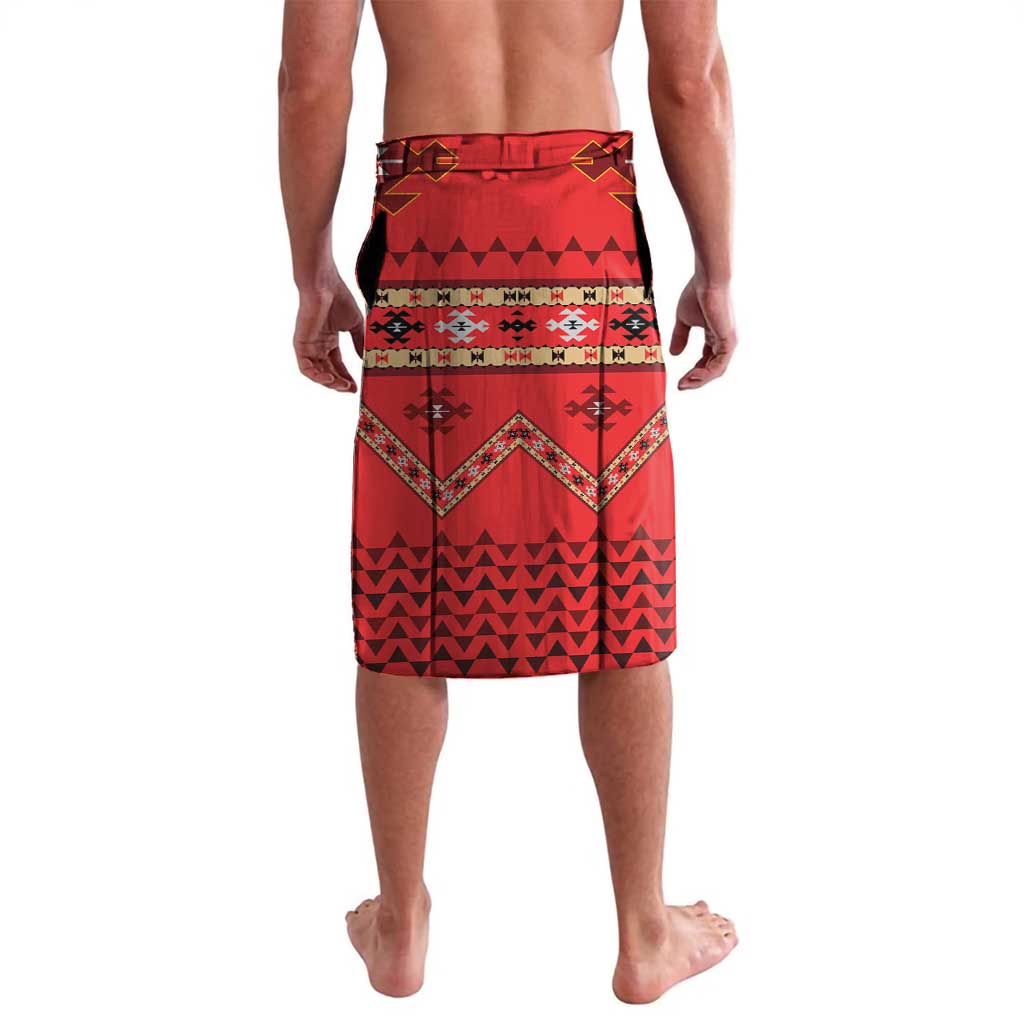 Men's red patterned lavalava with geometric panels, adjustable waistband, knee-length