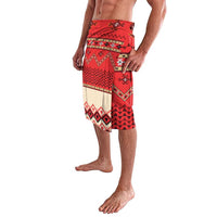 Men's red patterned lavalava with geometric panels and side drape, knee-length