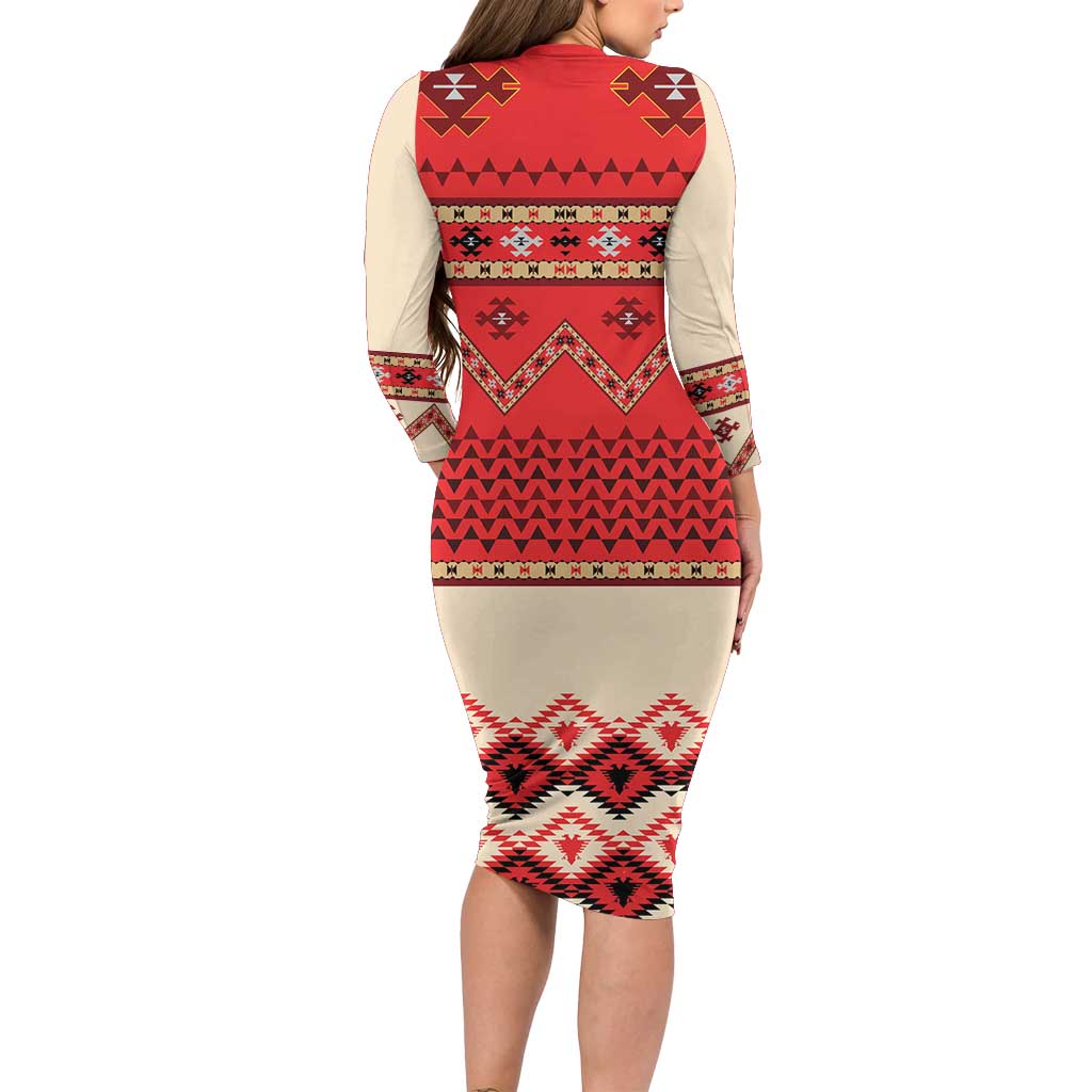 Folk Albanian Patterns Eagle Long Sleeve Bodycon Dress - Wonder Print Shop