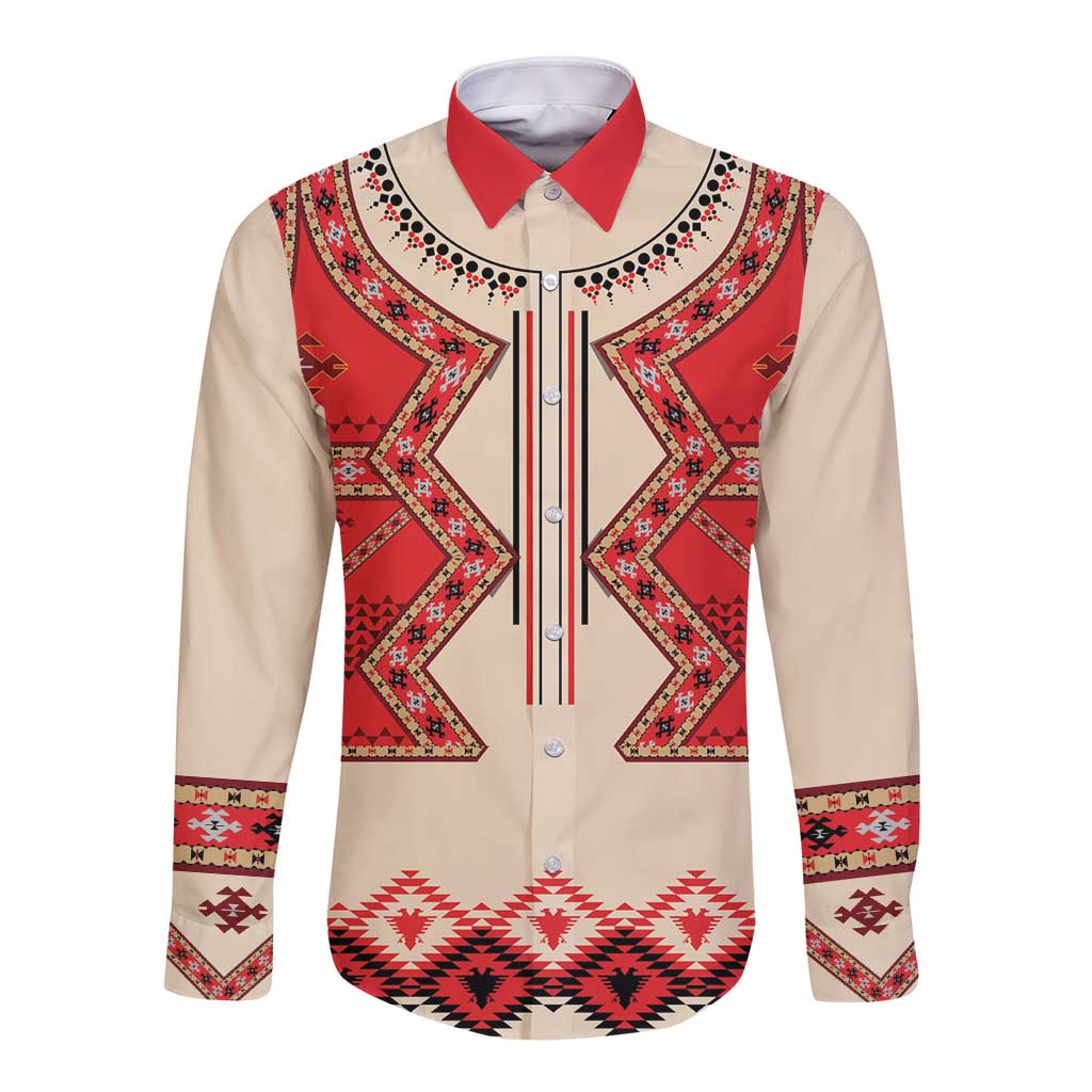 Beige long-sleeve button shirt, red folk eagle front print with dark trim