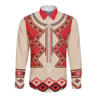 Beige long-sleeve button shirt, red folk eagle front print with dark trim