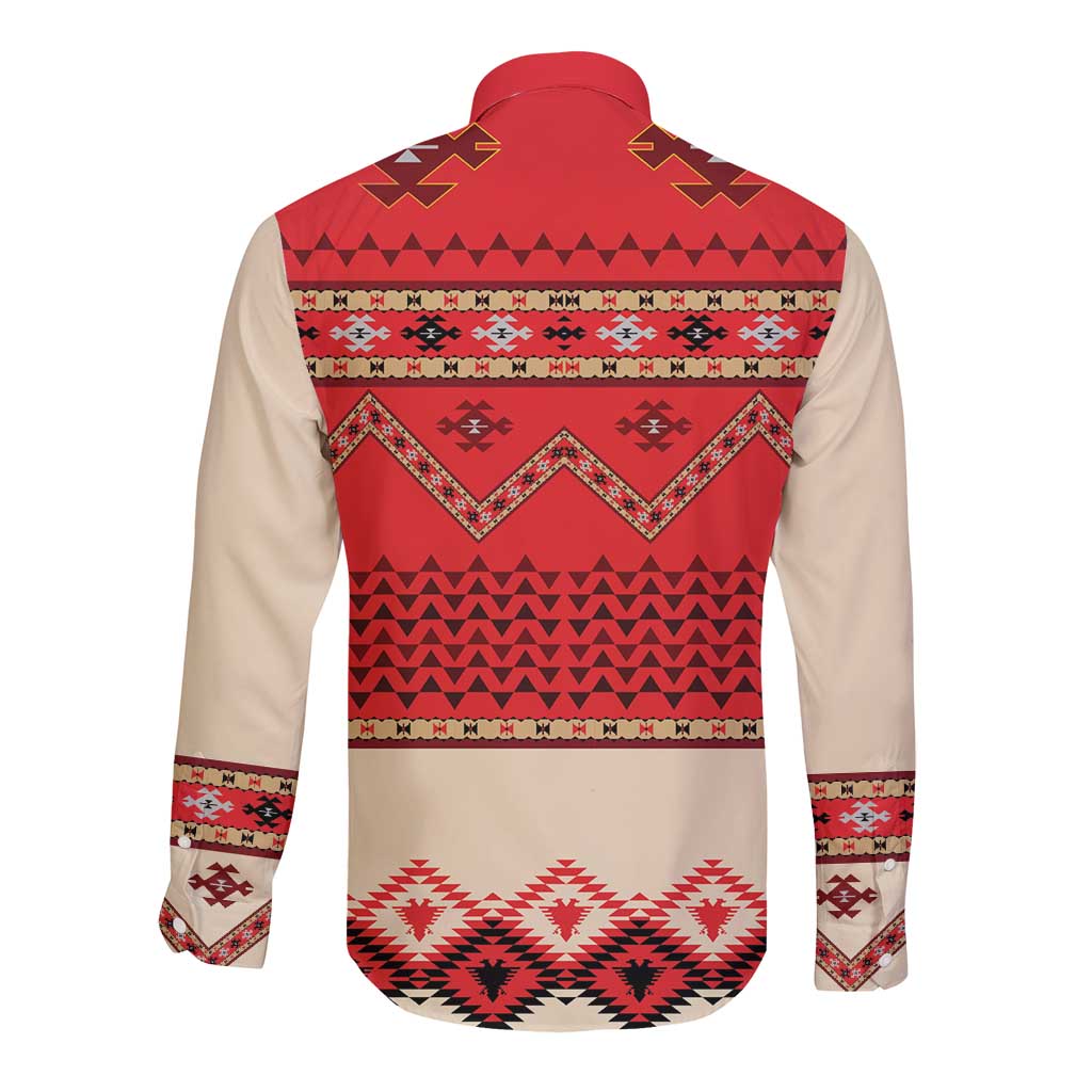 Beige long-sleeve button shirt with red folk back print and patterned cuffs