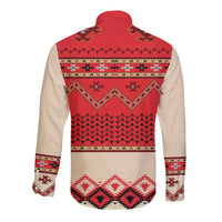 Beige long-sleeve button shirt with red folk back print and patterned cuffs