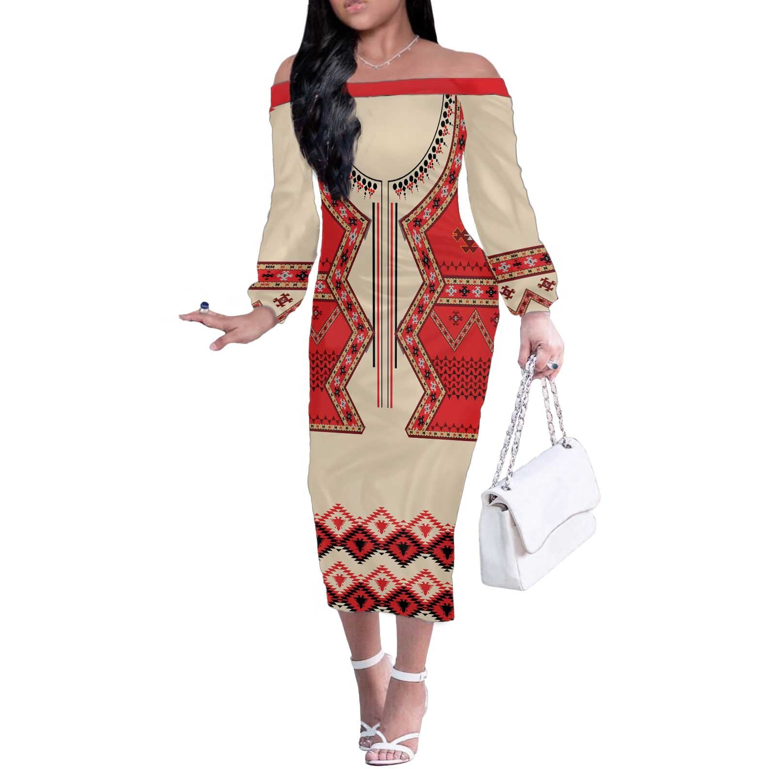 Folk Albanian Patterns Eagle Off The Shoulder Long Sleeve Dress - Wonder Print Shop