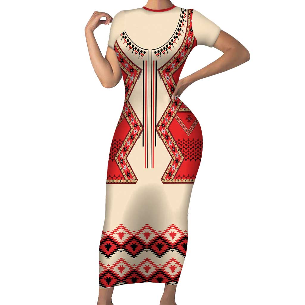 Folk Albanian Patterns Eagle Short Sleeve Bodycon Dress - Wonder Print Shop