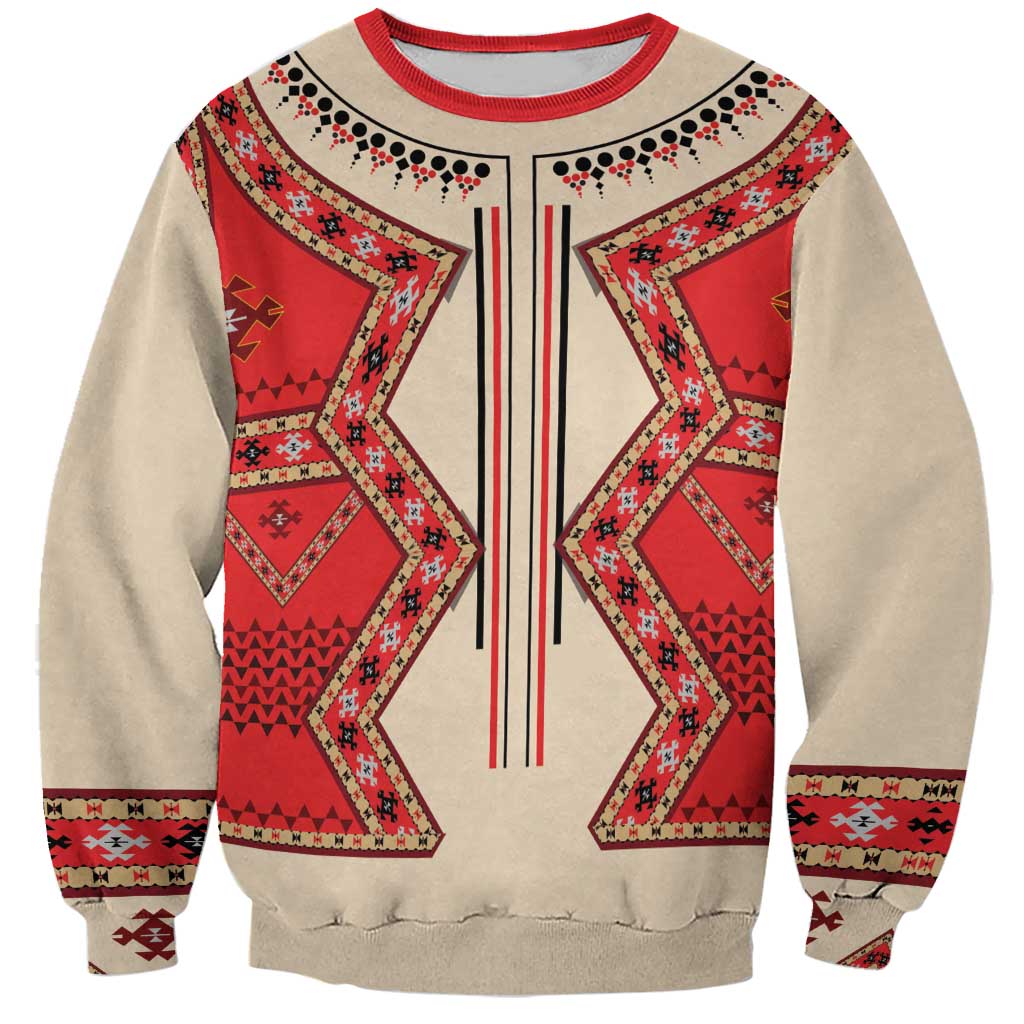 Beige crewneck sweatshirt with red eagle folk geometric pattern and striped center seam