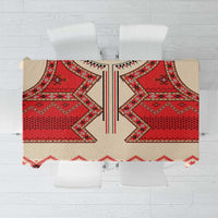 Beige tablecloth with red geometric pattern and central vertical stripe