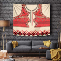 Beige wall tapestry with red symmetrical folk geometric design and border pattern