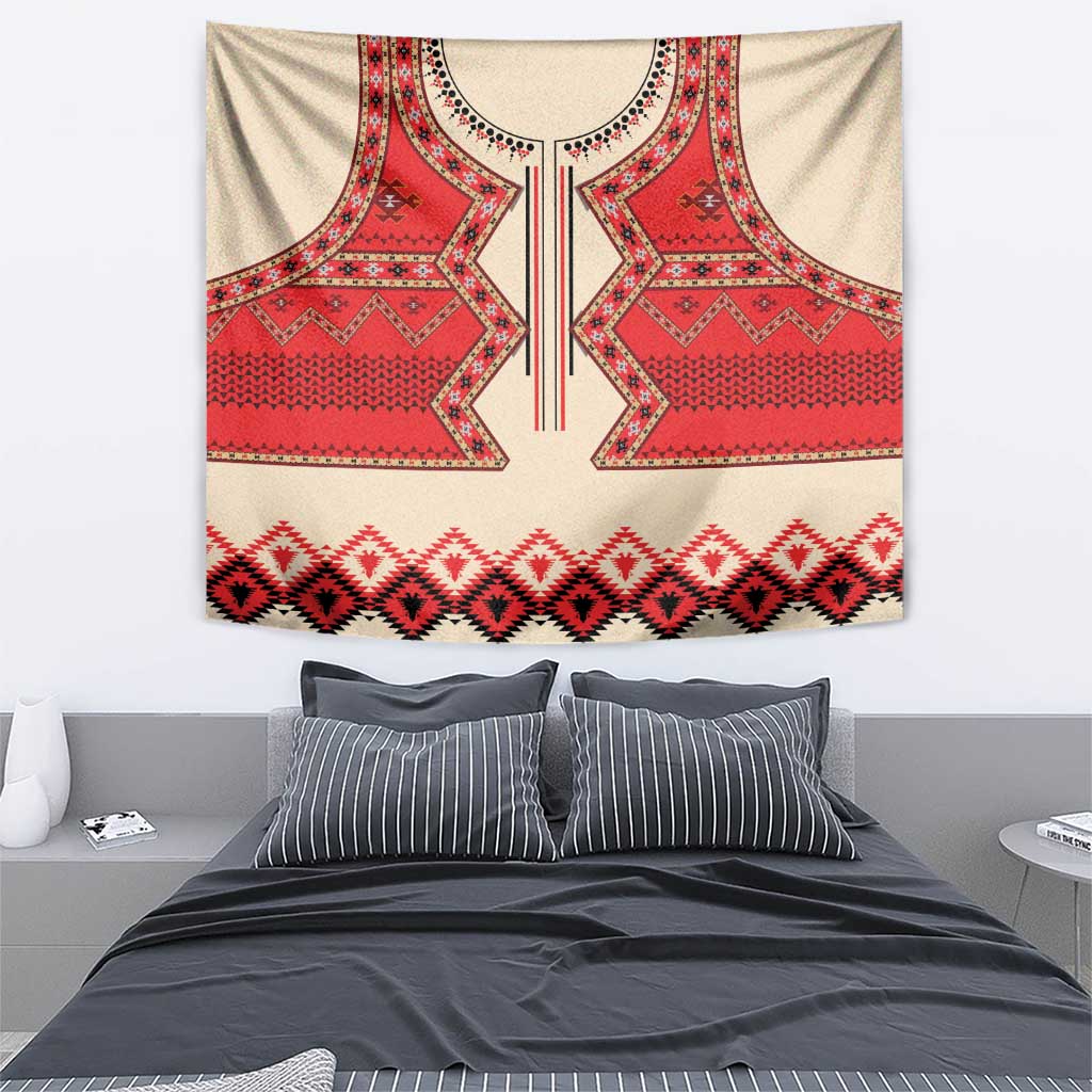 Beige tapestry wall hanging with red folk geometric center motif and striped trim