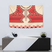 Beige tapestry with red symmetrical geometric motif and zigzag lower border