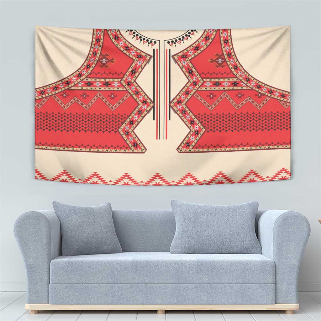Beige wall tapestry featuring red folk geometric design with decorative neckline