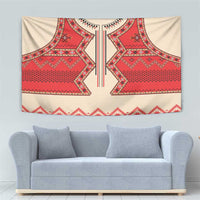 Beige wall tapestry featuring red folk geometric design with decorative neckline