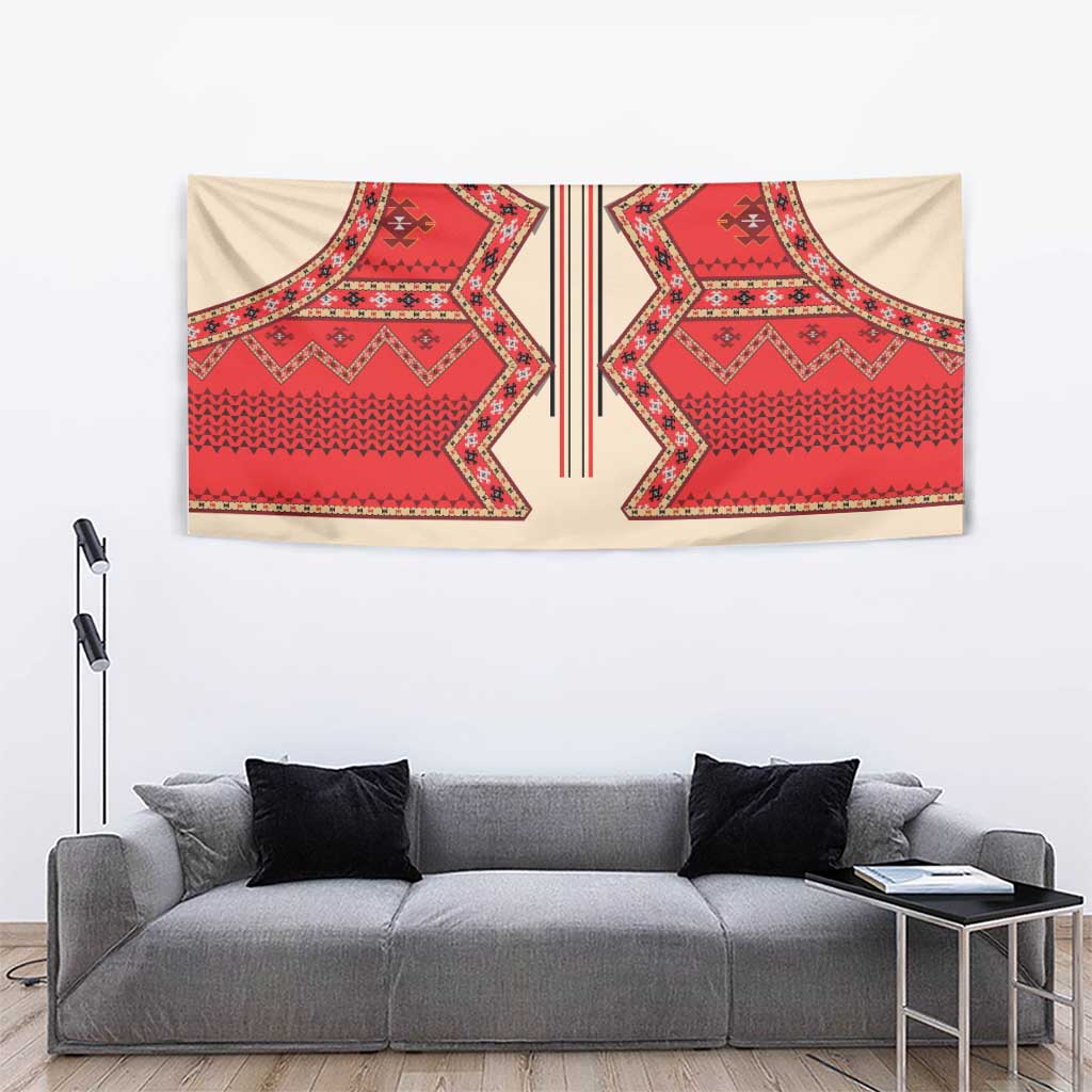 Beige tapestry wall hanging with bold red folk geometric shapes and bottom border