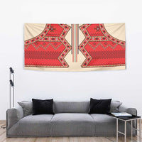 Beige tapestry wall hanging with bold red folk geometric shapes and bottom border