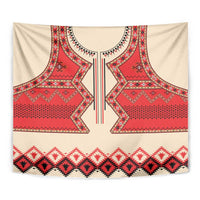 Beige tapestry with red symmetrical folk design and patterned zigzag base