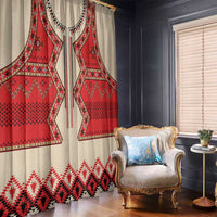 Beige window curtains with red eagle folk print and geometric border, full view