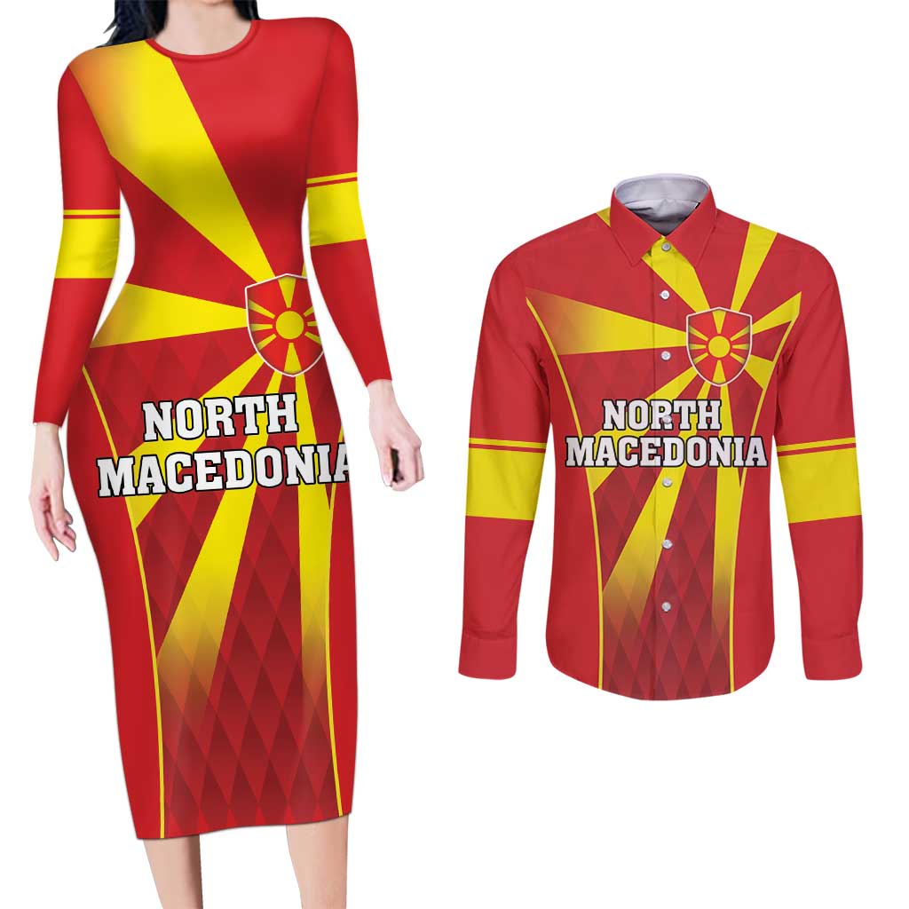 Custom North Macedonia Football Couples Matching Long Sleeve Bodycon Dress and Long Sleeve Button Shirt Come On Lavovi