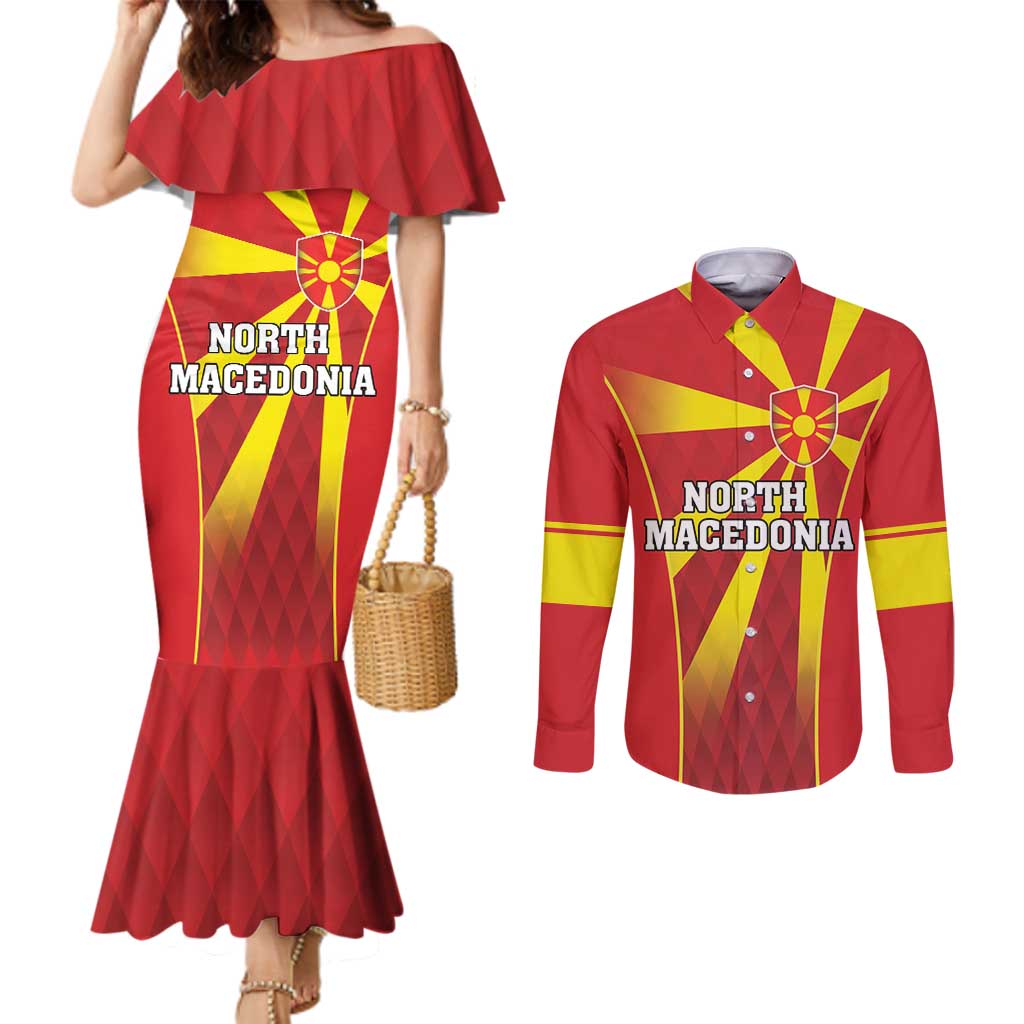 Custom North Macedonia Football Couples Matching Mermaid Dress and Long Sleeve Button Shirt Come On Lavovi