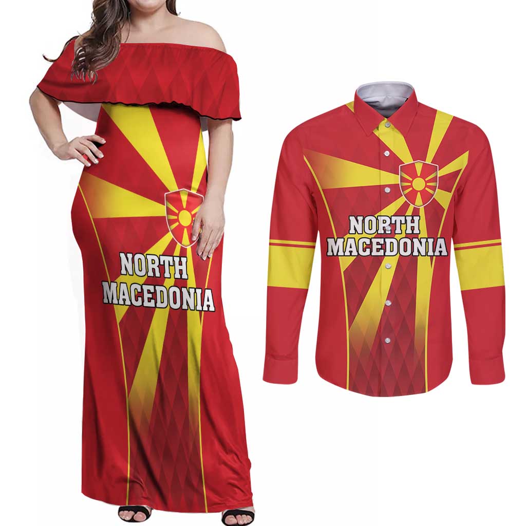 Custom North Macedonia Football Couples Matching Off Shoulder Maxi Dress and Long Sleeve Button Shirt Come On Lavovi