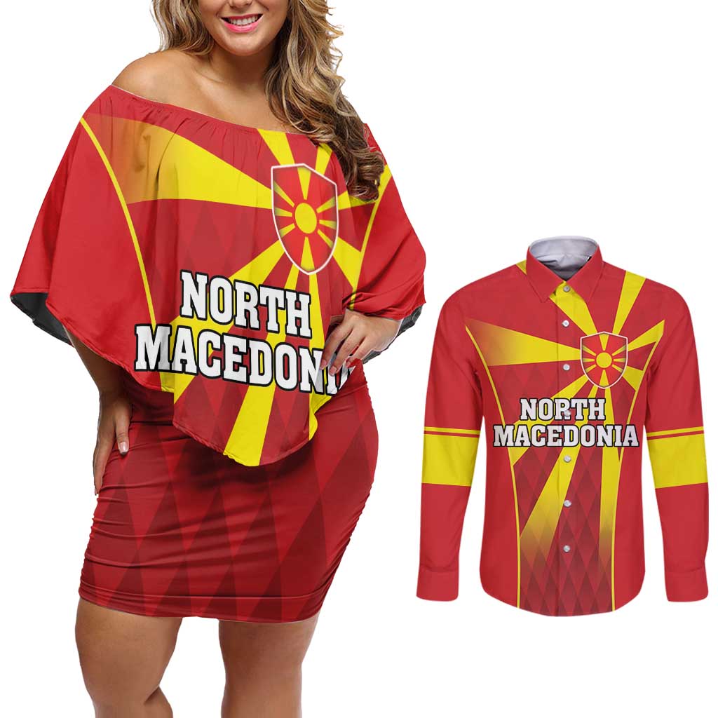 Custom North Macedonia Football Couples Matching Off Shoulder Short Dress and Long Sleeve Button Shirt Come On Lavovi