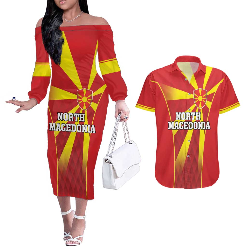 Custom North Macedonia Football Couples Matching Off The Shoulder Long Sleeve Dress and Hawaiian Shirt Come On Lavovi