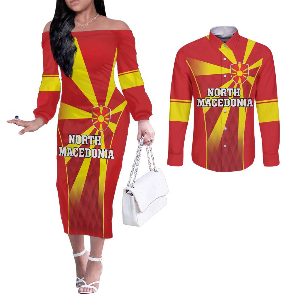 Custom North Macedonia Football Couples Matching Off The Shoulder Long Sleeve Dress and Long Sleeve Button Shirt Come On Lavovi