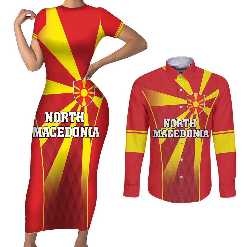 Custom North Macedonia Football Couples Matching Short Sleeve Bodycon Dress and Long Sleeve Button Shirt Come On Lavovi