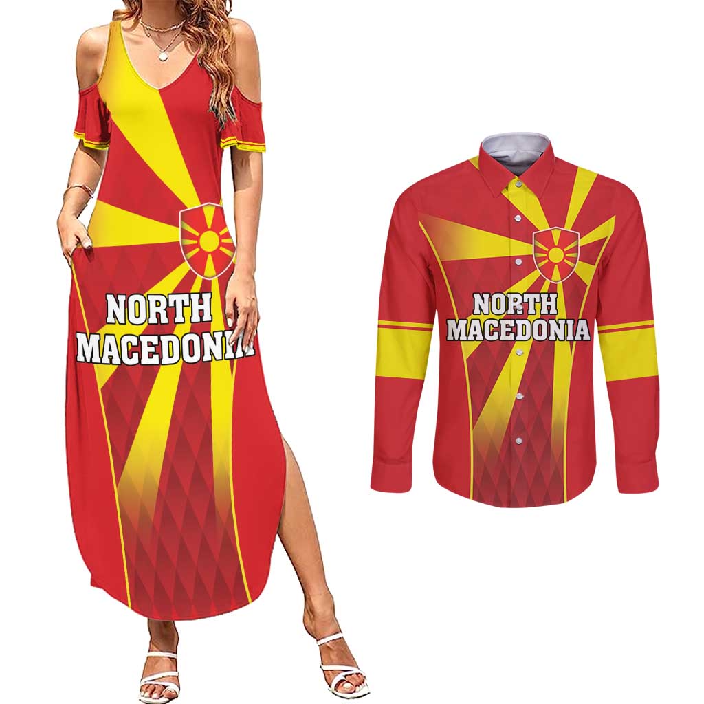 Custom North Macedonia Football Couples Matching Summer Maxi Dress and Long Sleeve Button Shirt Come On Lavovi