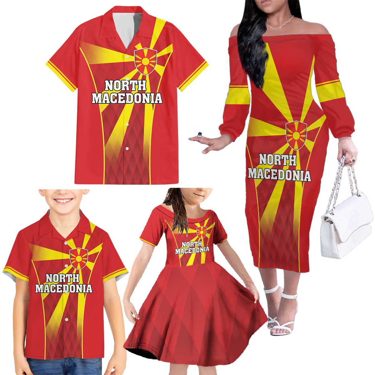 Custom North Macedonia Football Family Matching Off The Shoulder Long Sleeve Dress and Hawaiian Shirt Come On Lavovi