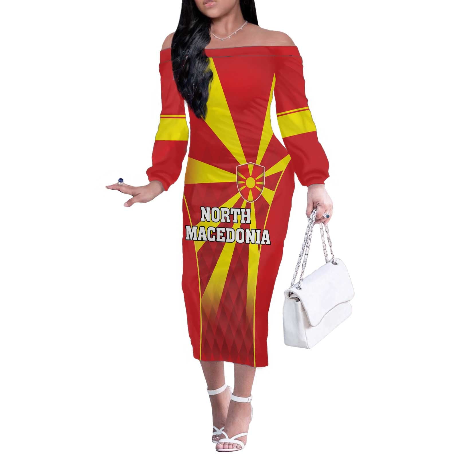 Custom North Macedonia Football Off The Shoulder Long Sleeve Dress Come On Lavovi