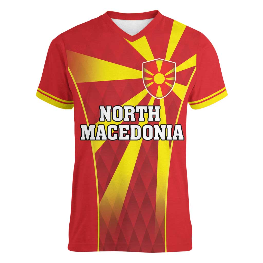 Custom North Macedonia Football Women V-Neck T-Shirt Come On Lavovi