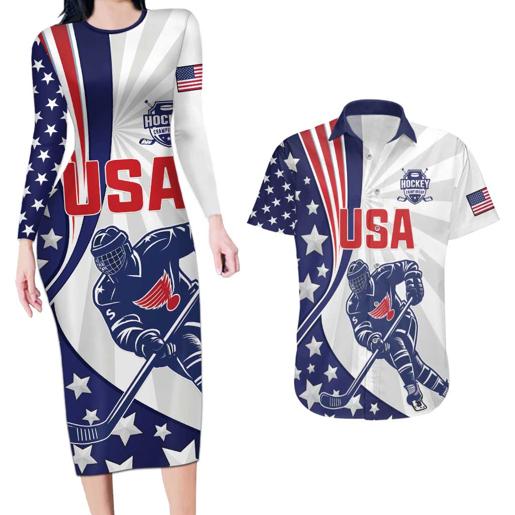 Custom United States Ice Hockey Couples Matching Long Sleeve Bodycon Dress and Hawaiian Shirt USA Go Champions