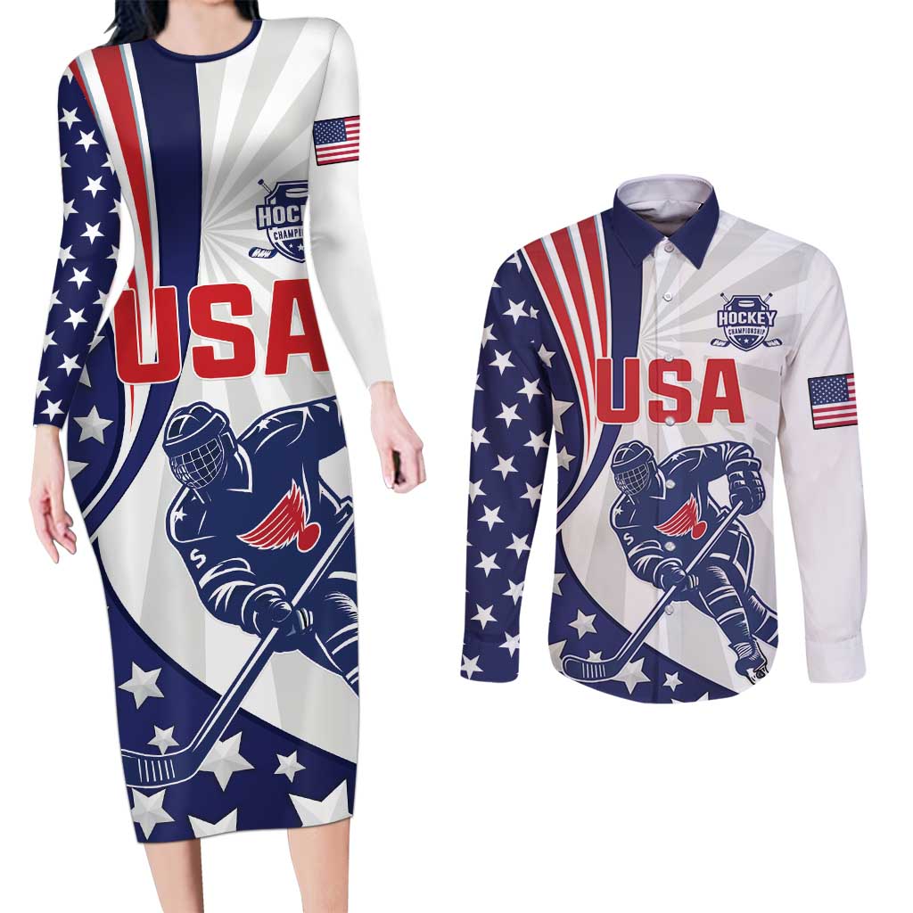 Custom United States Ice Hockey Couples Matching Long Sleeve Bodycon Dress and Long Sleeve Button Shirt USA Go Champions