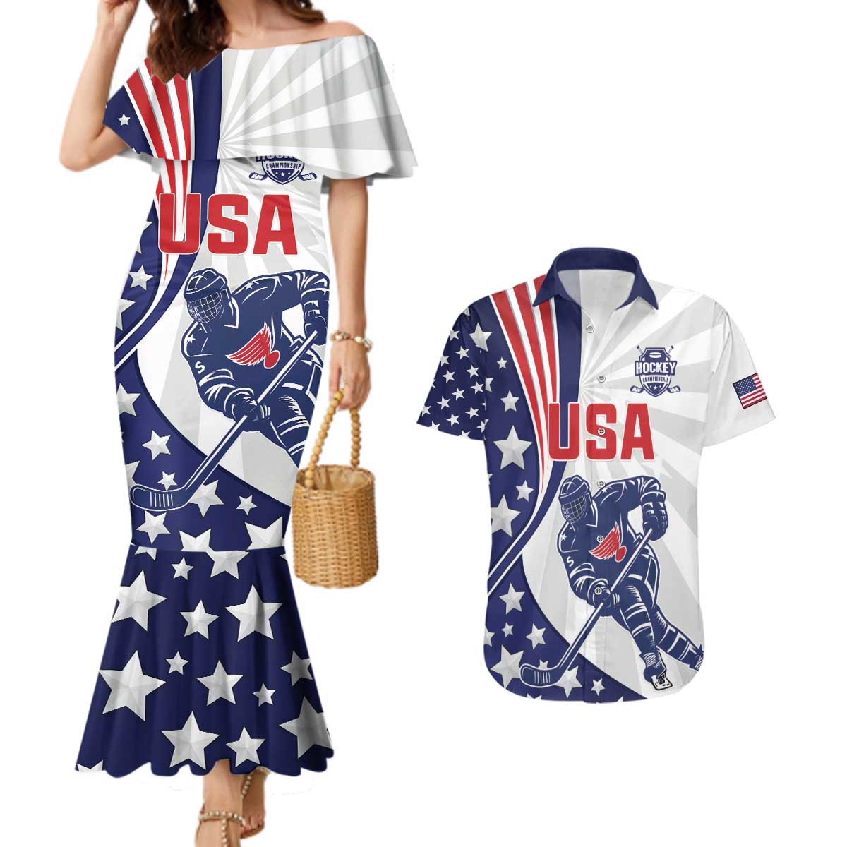 Custom United States Ice Hockey Couples Matching Mermaid Dress and Hawaiian Shirt USA Go Champions