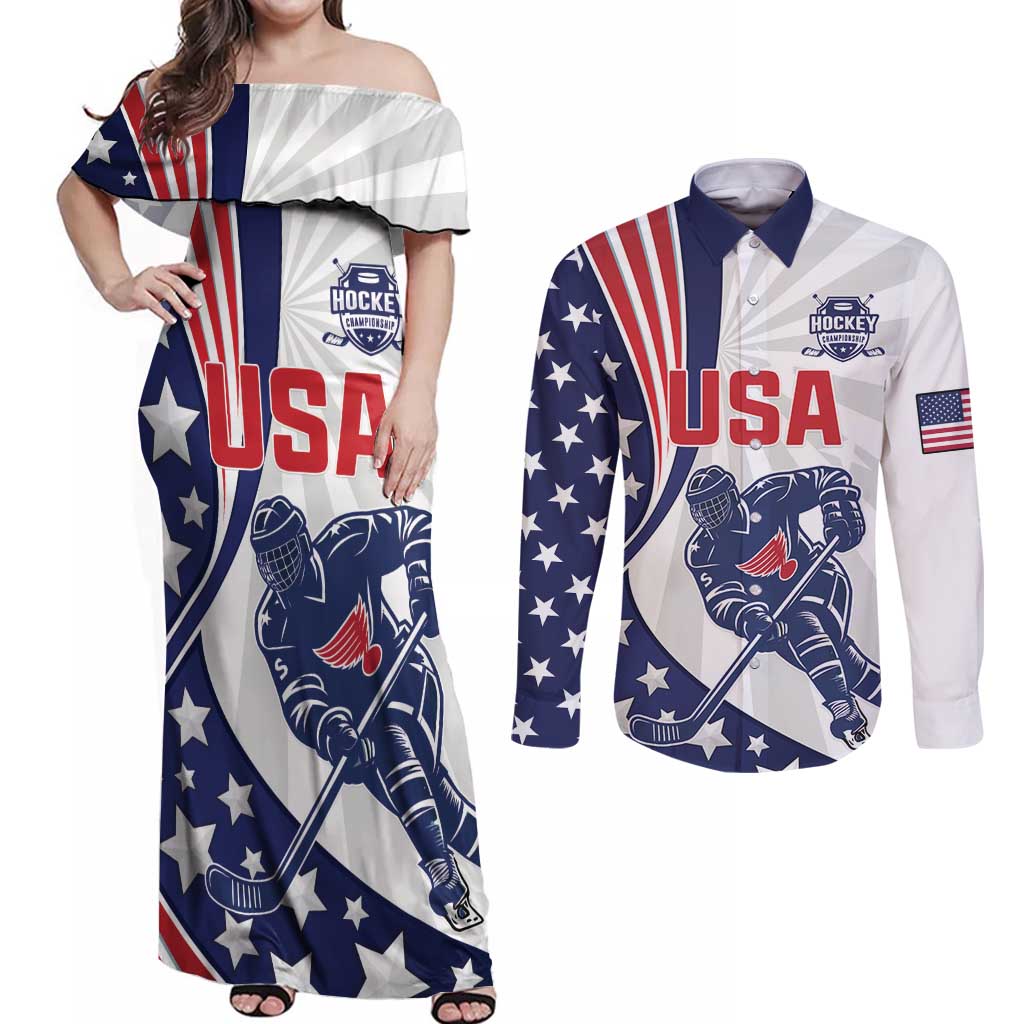 Custom United States Ice Hockey Couples Matching Off Shoulder Maxi Dress and Long Sleeve Button Shirt USA Go Champions