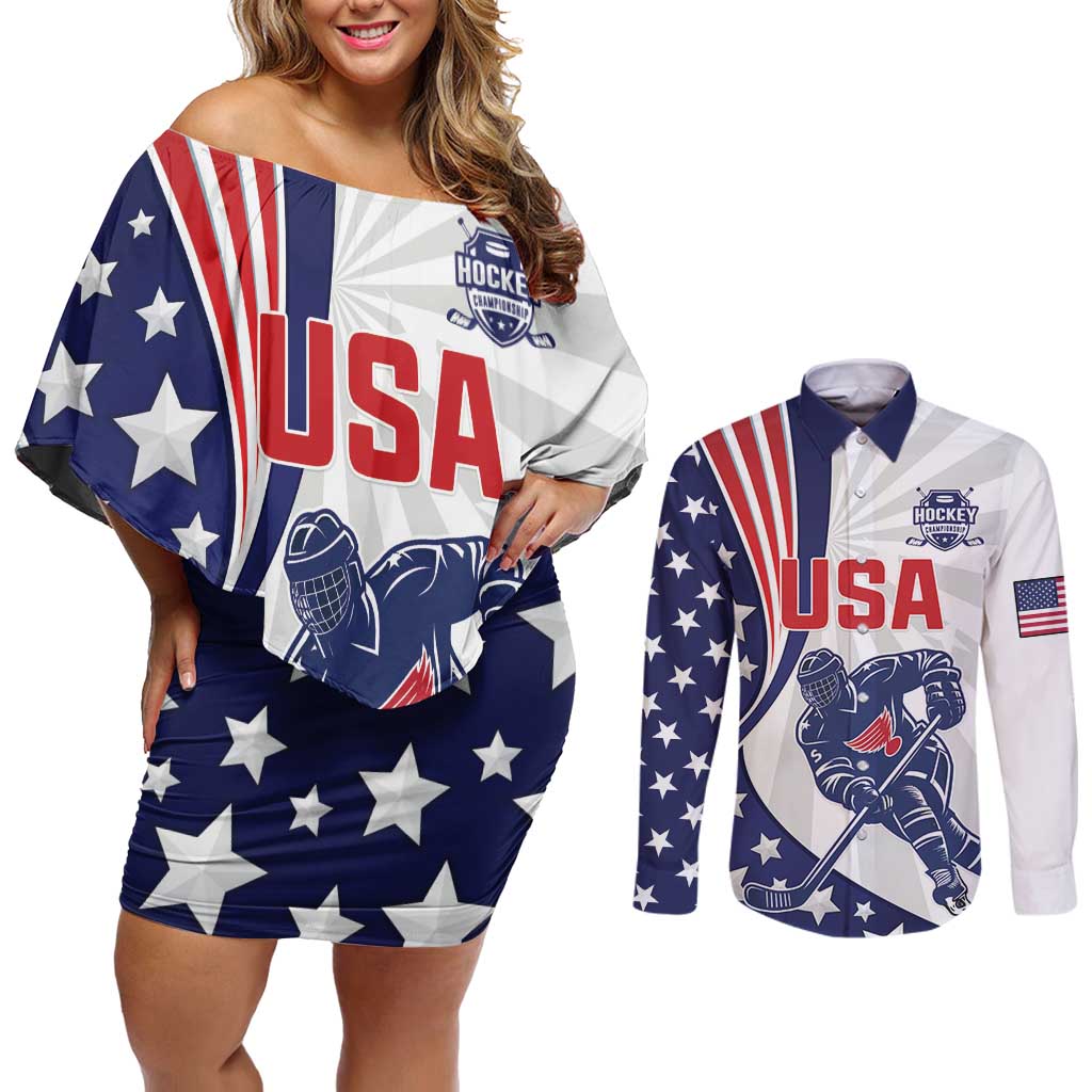 Custom United States Ice Hockey Couples Matching Off Shoulder Short Dress and Long Sleeve Button Shirt USA Go Champions