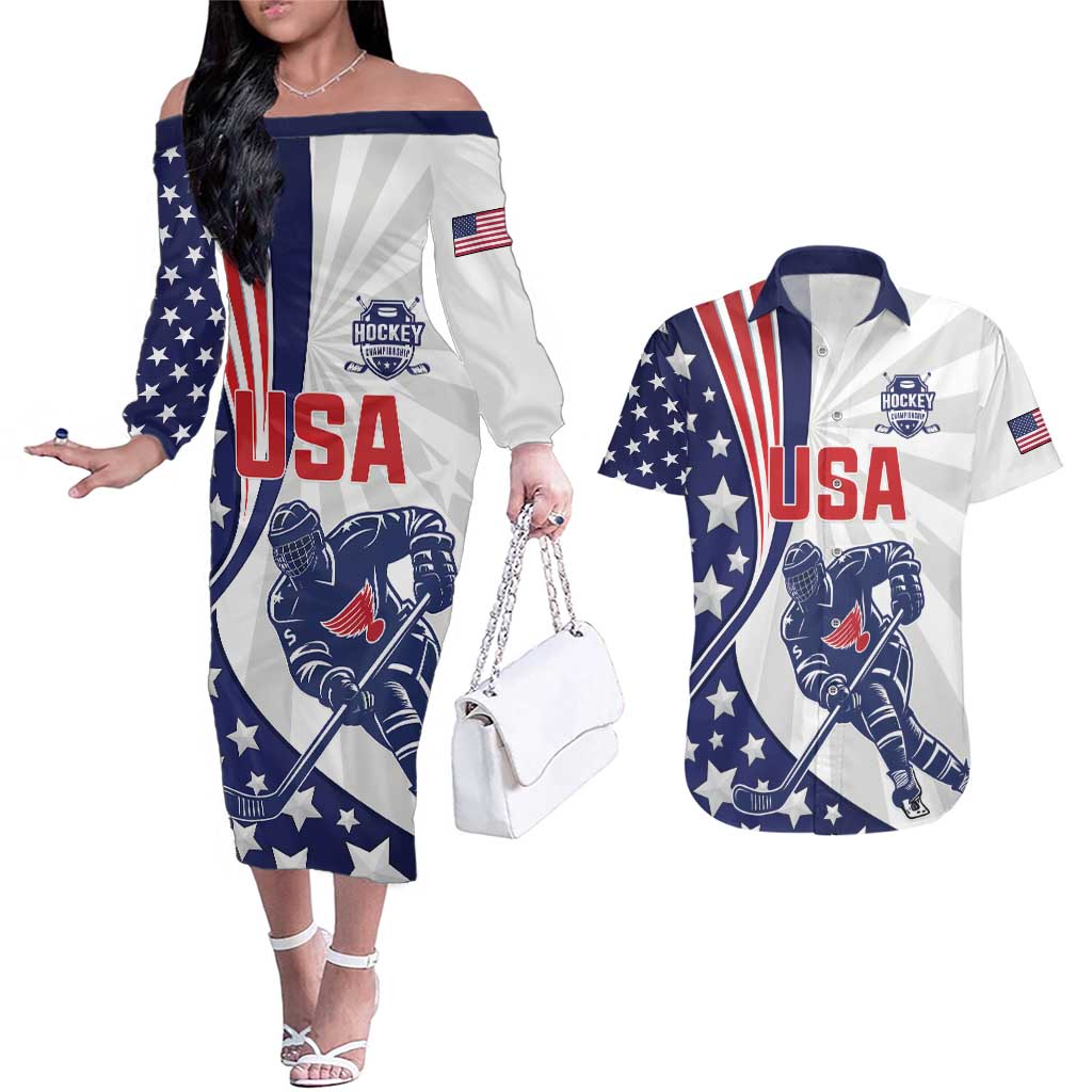 Custom United States Ice Hockey Couples Matching Off The Shoulder Long Sleeve Dress and Hawaiian Shirt USA Go Champions