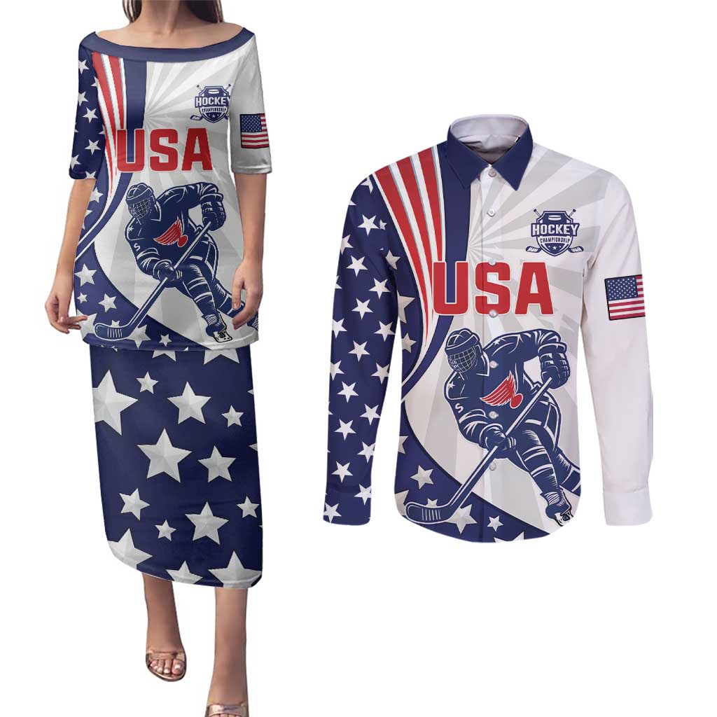 Custom United States Ice Hockey Couples Matching Puletasi and Long Sleeve Button Shirt USA Go Champions