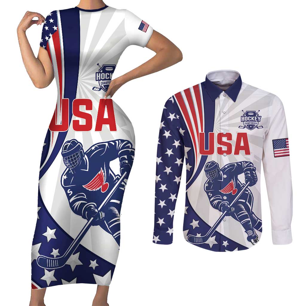 Custom United States Ice Hockey Couples Matching Short Sleeve Bodycon Dress and Long Sleeve Button Shirt USA Go Champions