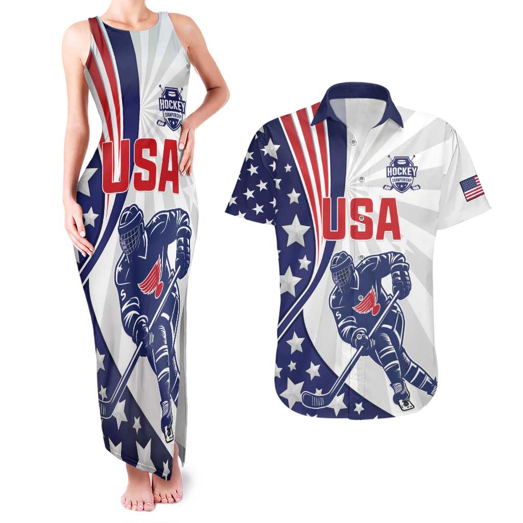 Custom United States Ice Hockey Couples Matching Tank Maxi Dress and Hawaiian Shirt USA Go Champions