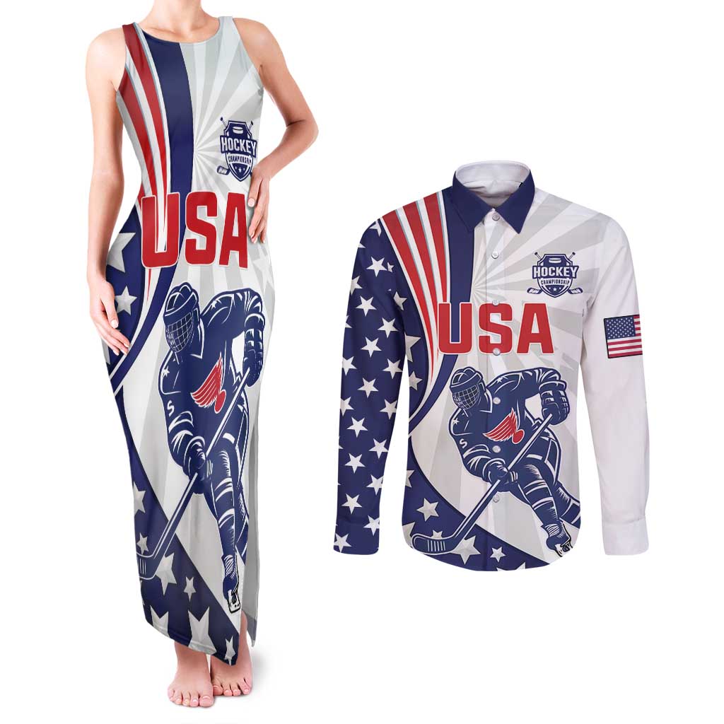 Custom United States Ice Hockey Couples Matching Tank Maxi Dress and Long Sleeve Button Shirt USA Go Champions