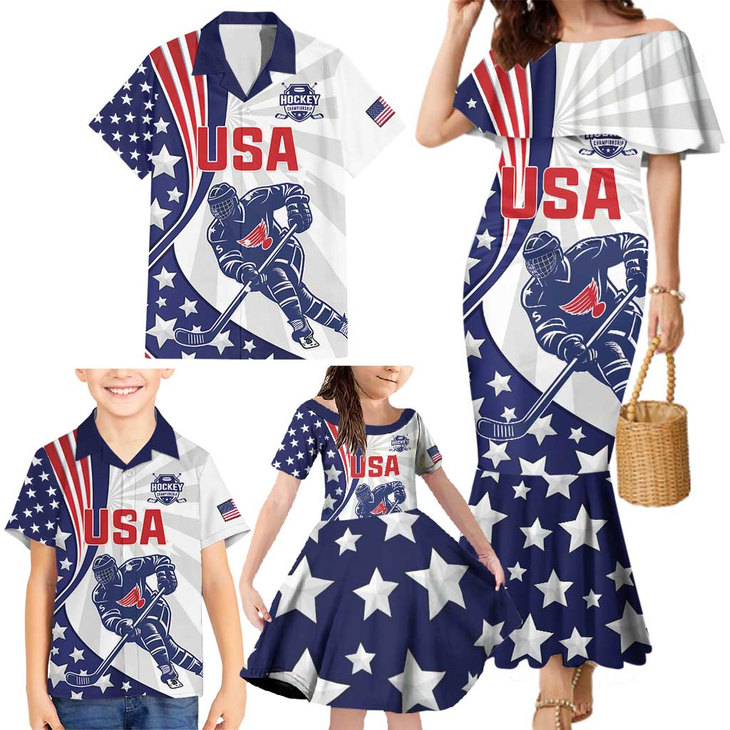 Custom United States Ice Hockey Family Matching Mermaid Dress and Hawaiian Shirt USA Go Champions