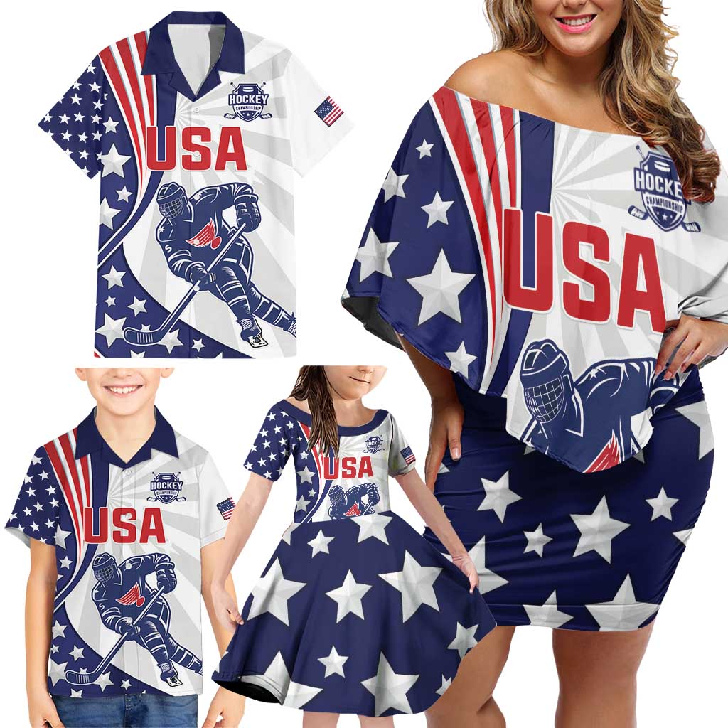 Custom United States Ice Hockey Family Matching Off Shoulder Short Dress and Hawaiian Shirt USA Go Champions