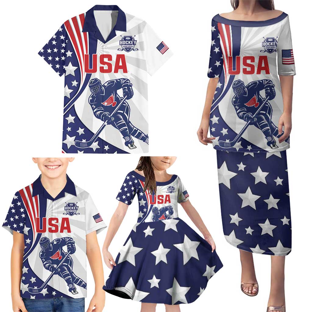 Custom United States Ice Hockey Family Matching Puletasi and Hawaiian Shirt USA Go Champions